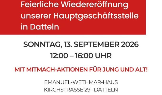Einladung zur feierlichen Wiedereröffnung der Hauptgeschäftsstelle des Caritasverbandes Ostvest Datteln am 13. September 2026 von 12 bis 16 Uhr mit Mitmach-Aktionen.