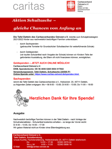 Flyer: Aktion Schultasche