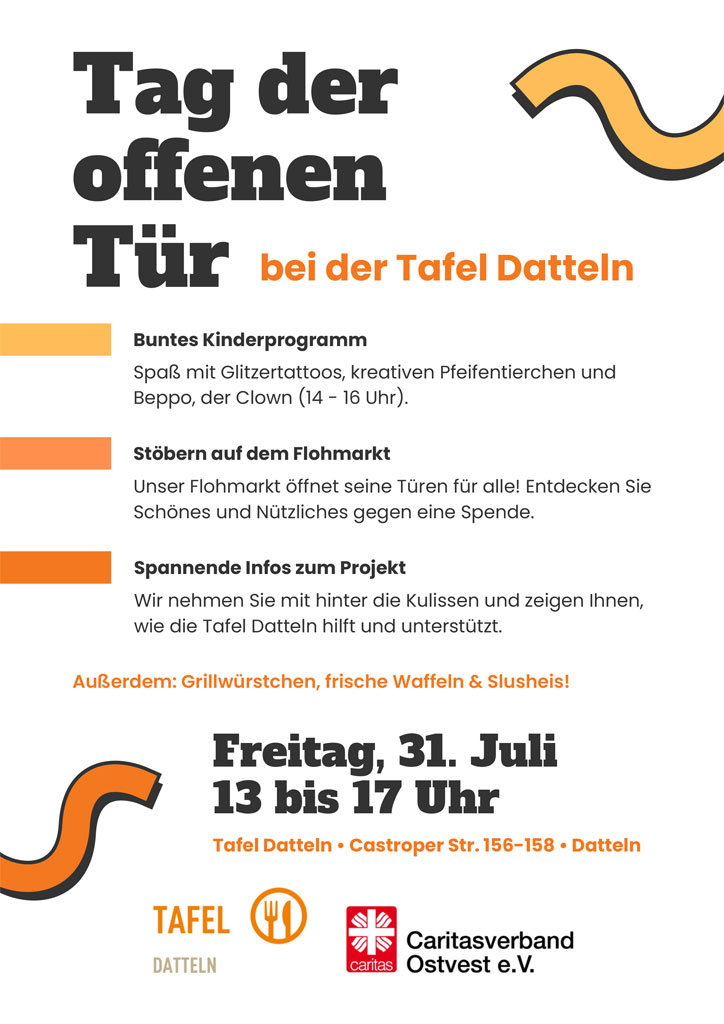 Programmplakat: Tag der offenen Tür bei der Tafel Datteln, 31.07.2026, 13-17 Uhr